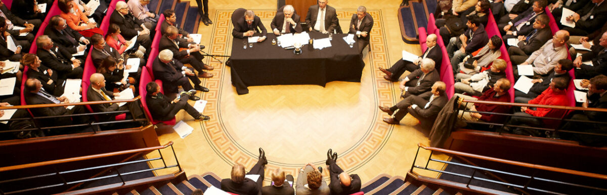 overhead photo of Clash Of Titans in lecture theatre